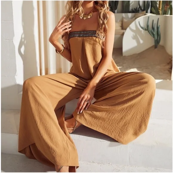 Boho Lace up Casual Wide Leg Jumper Jumpsuit